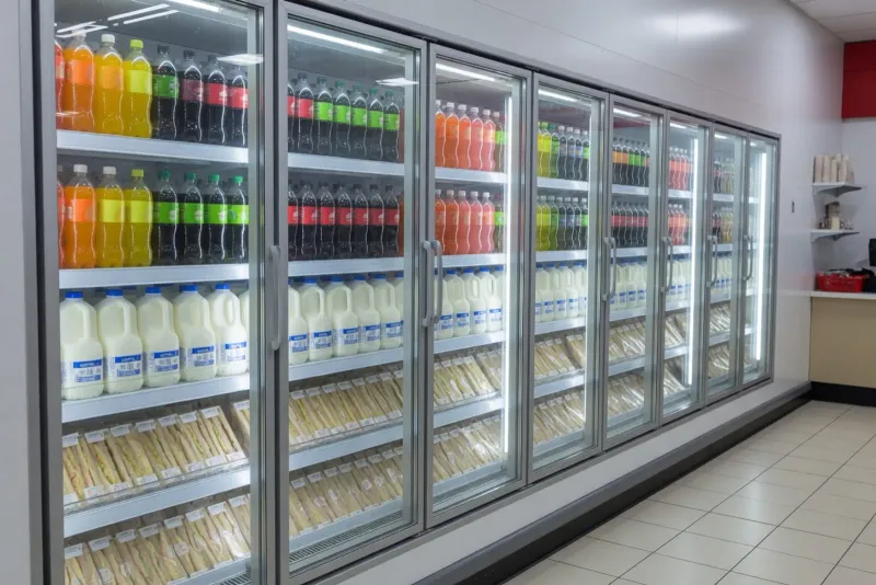 Cold cabinets of drinks and dairy of the kind counted in a forecourt shop — not fuel tanks.