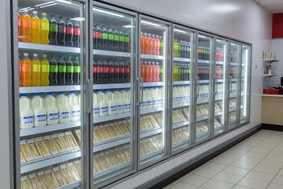 Cold cabinets of drinks and dairy of the kind counted in a forecourt shop — not fuel tanks.