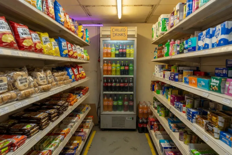 Convenience-store aisle of packaged goods.