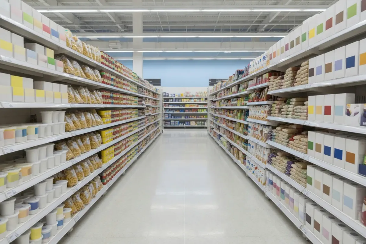 Grocery aisle of packaged goods of the kind counted on a retail stocktake.