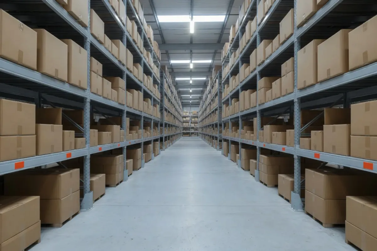 Warehouse racks of boxed stock of the kind counted on a planned or year-end stocktake.