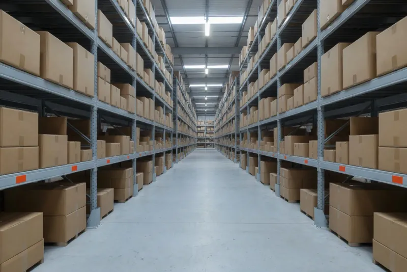 Warehouse aisle used to illustrate a periodic or year-end count.