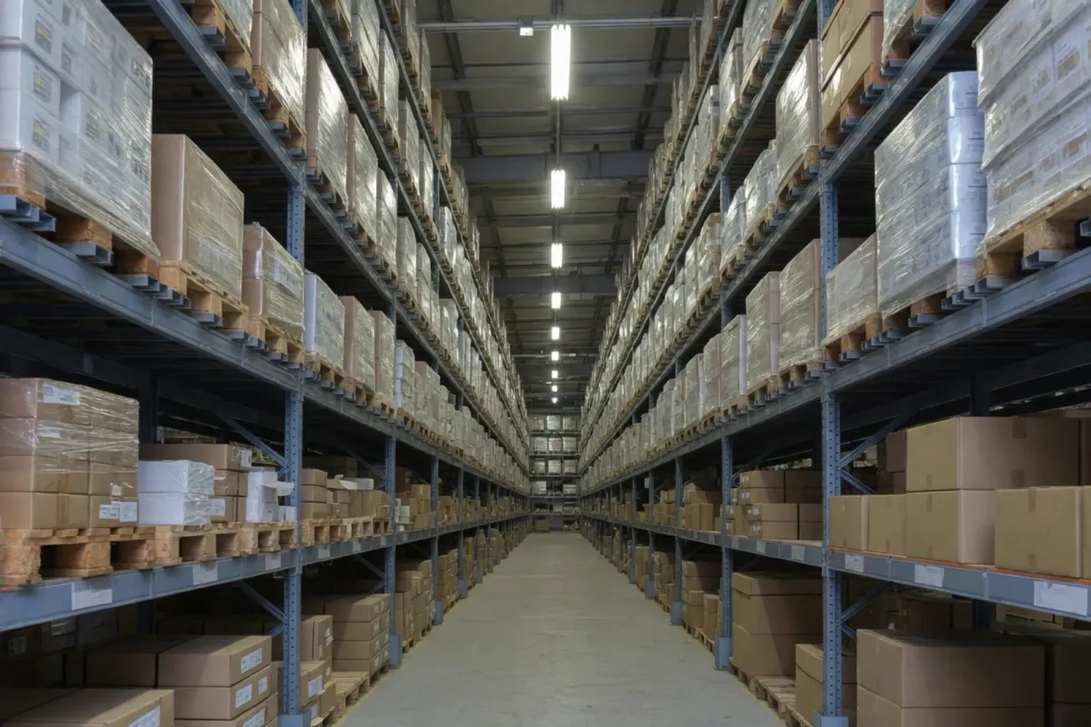 Warehouse pallet racking of the kind counted on a professional warehouse stocktake.
